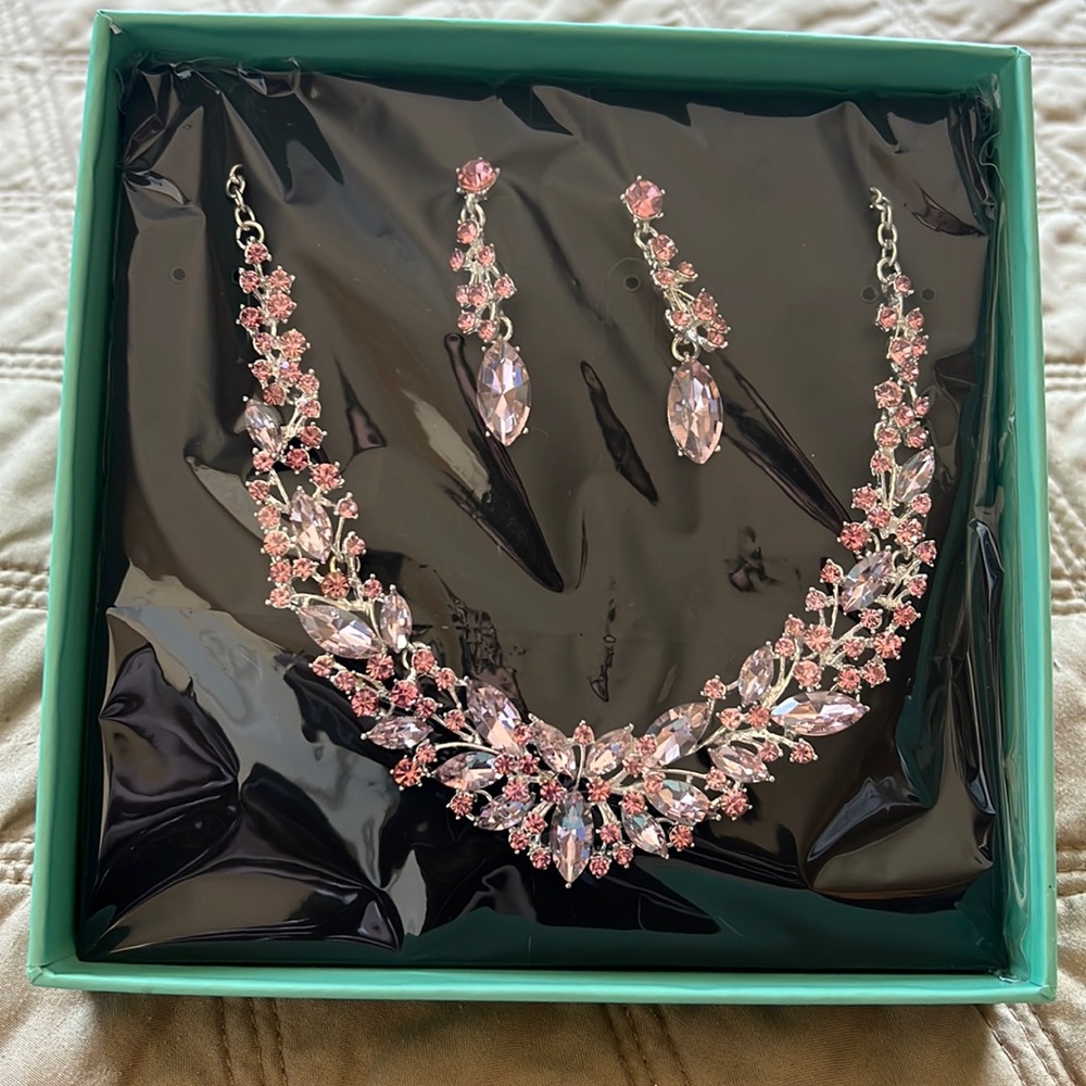 Pink Austrian Pink Crystal necklace with matching earrings. Brand name Youfir